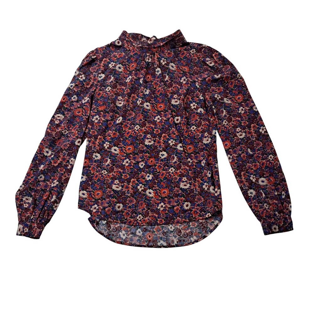 Veronica Beard Silk Chilton Blouse Women 0 Berry Floral Tie Neck Long Sleeve